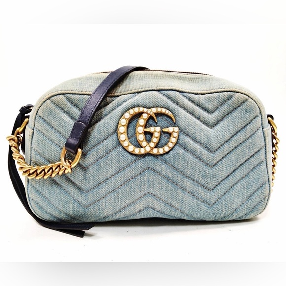 Gucci Handbags - Gorgeous Denim Gucci Marmont Crossbody Bag with Pearl Logo! Authentic